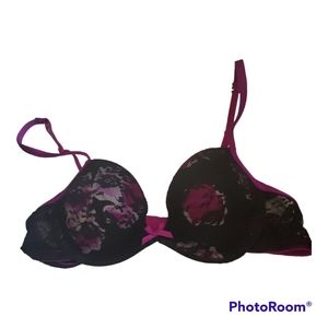 LA SENZA Black Purple Floral Print Lace Push Up Bra - Size 32A